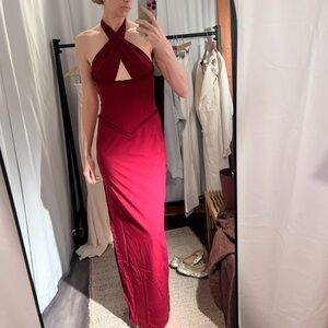 Halterneck Lace-Up Corset Maxi Dress in Berry Red